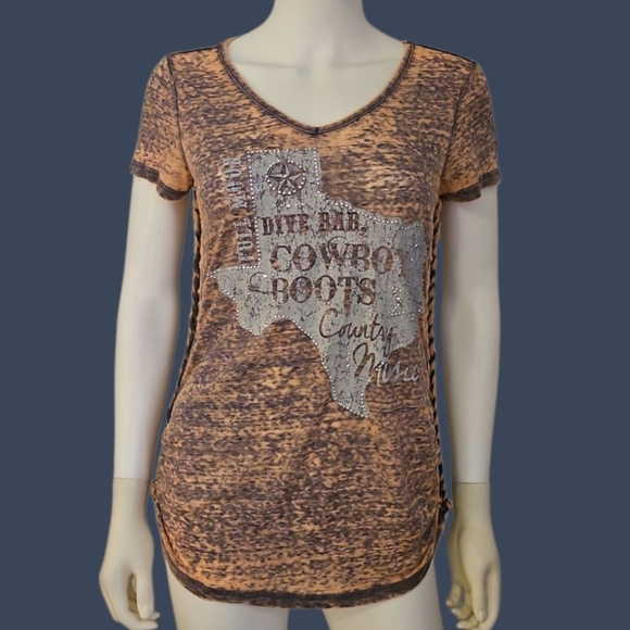 Vtg MAURICES Y2k Texas Country Music Braided Graphic Burnout Baby Tee - Picture 1 of 10